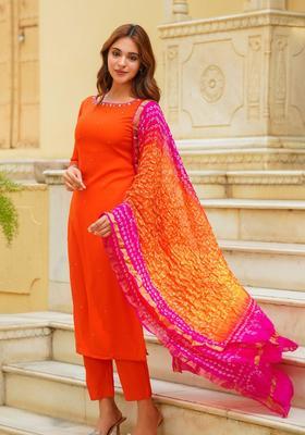 Orange Solid Viscose Kurta Sets