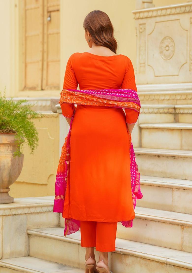 Orange Solid Viscose Kurta Sets - Indya