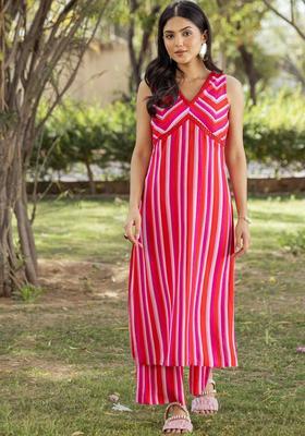 Red Striped Viscose Kurta Sets