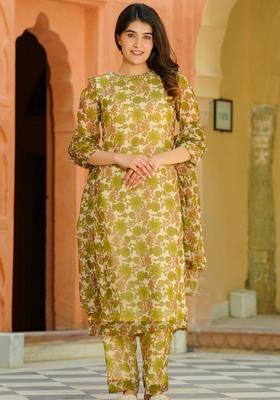 Off White Printed Silk Blend Kurta Sets