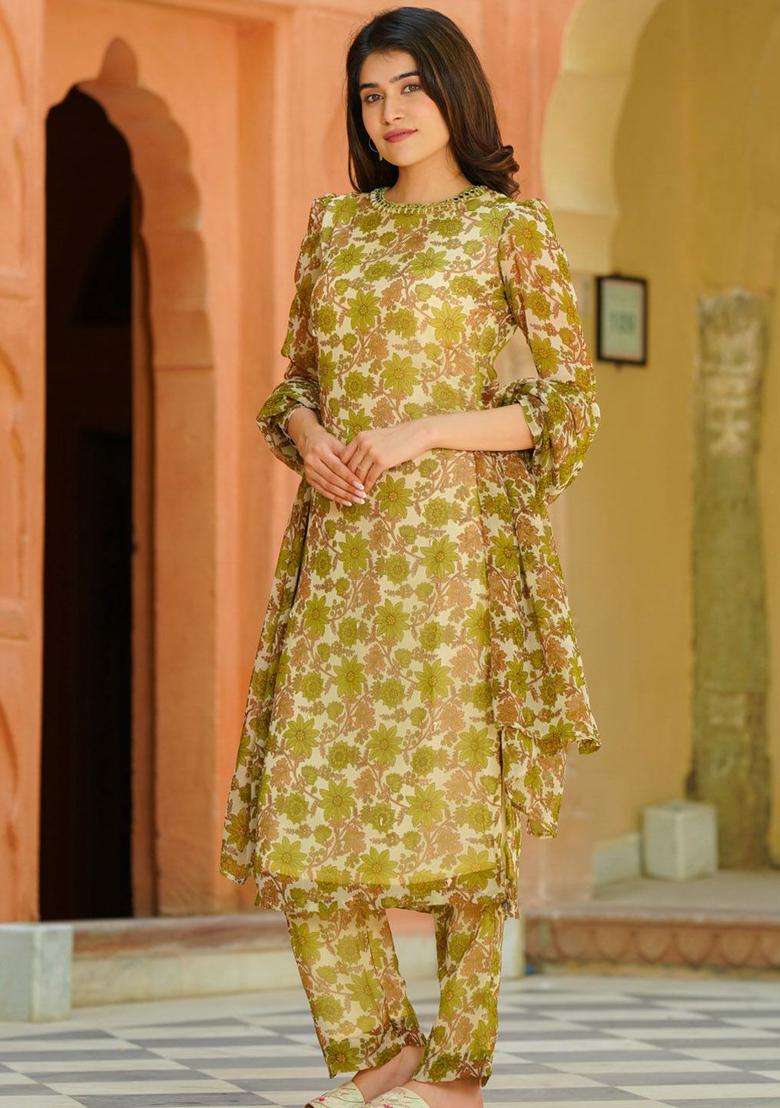 Off White Printed Silk Blend Kurta Sets - Indya