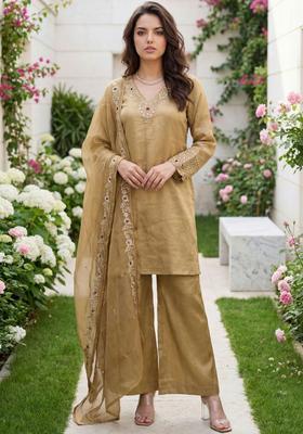 Gold Solid Silk Blend Kurta Sets