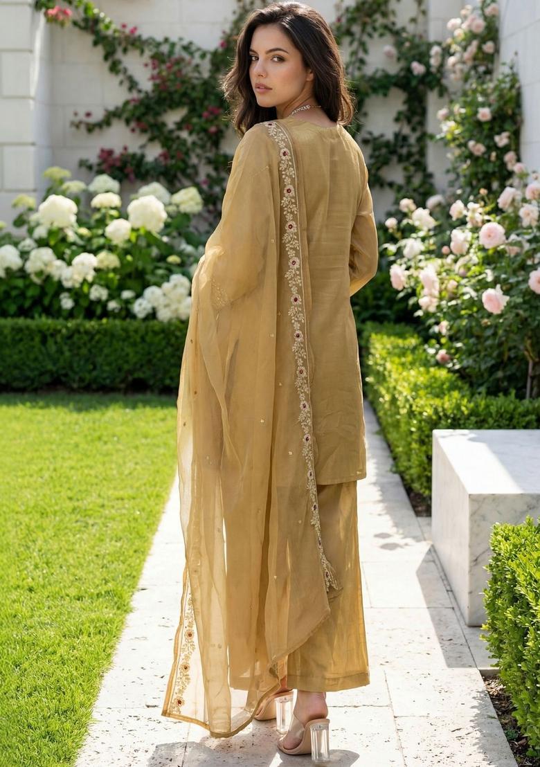 Gold Solid Silk Blend Kurta Sets - Indya