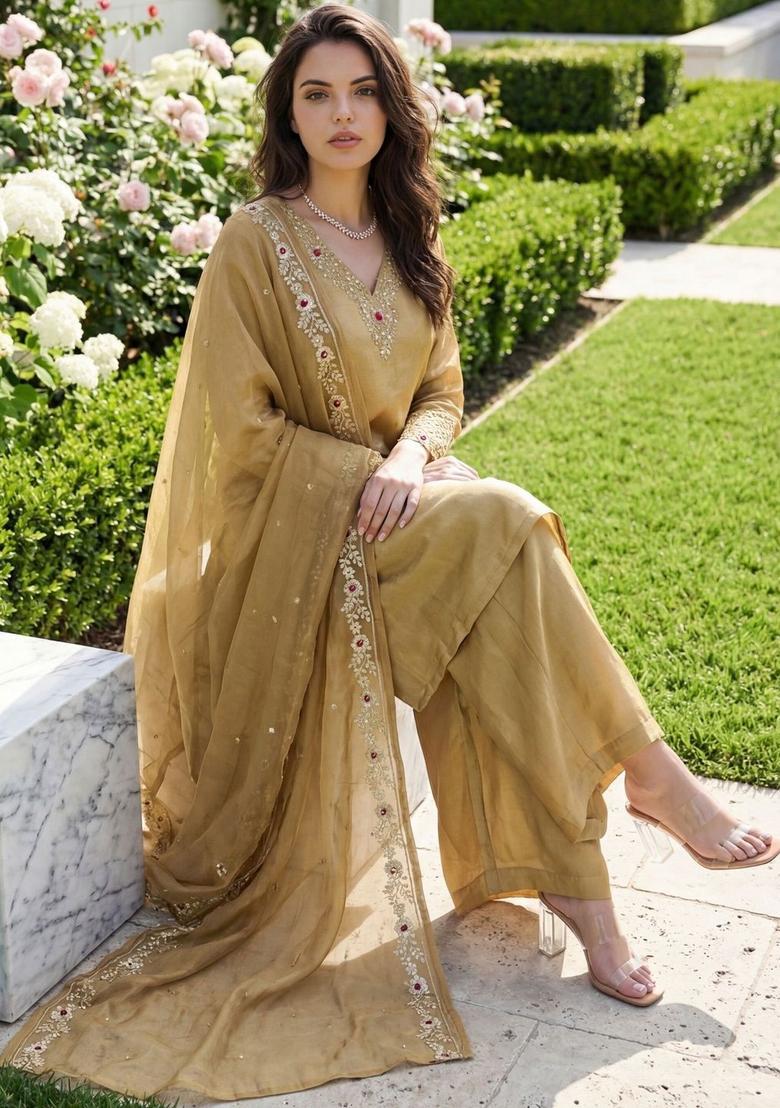 Gold Solid Silk Blend Kurta Sets - Indya