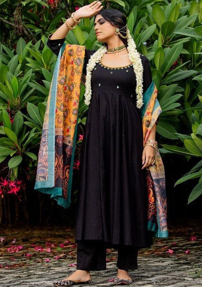 Black Yoke Design Cotton Anarkli Sets - Indya