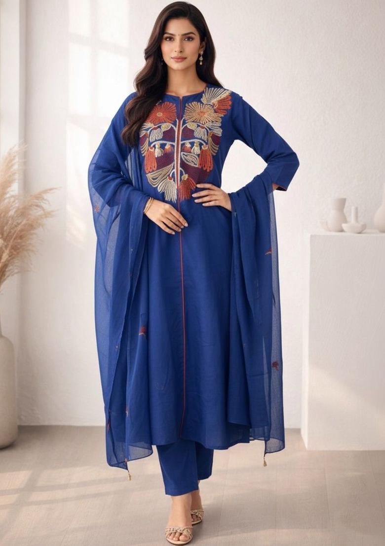 Blue Yoke Design Cotton Anarkli Sets - Indya
