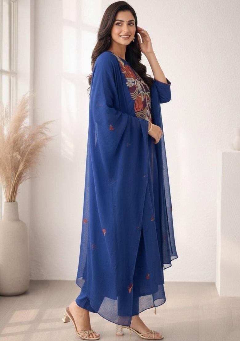 Blue Yoke Design Cotton Anarkli Sets - Indya