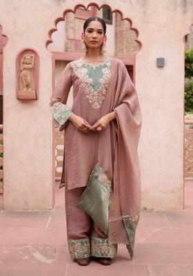 Pink Embroidered Chinon Kurta Sets