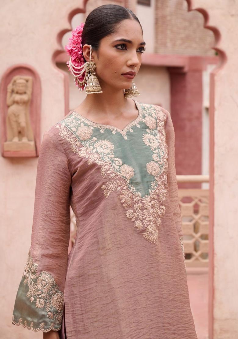 Pink Embroidered Chinon Kurta Sets - Indya