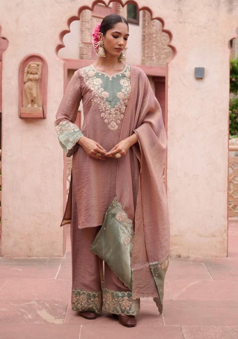 Pink Embroidered Chinon Kurta Sets - Indya
