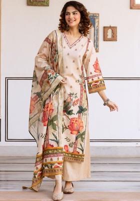 Cream Printed Cotton Kurta Sets