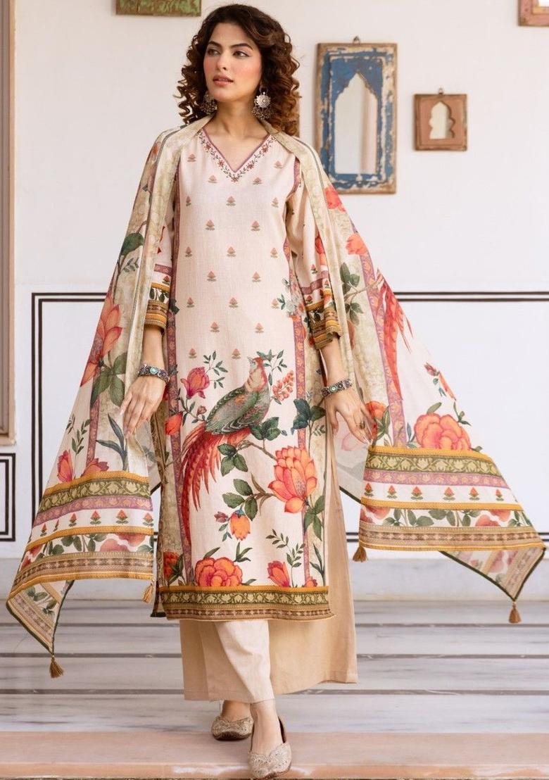 Cream Printed Cotton Kurta Sets - Indya