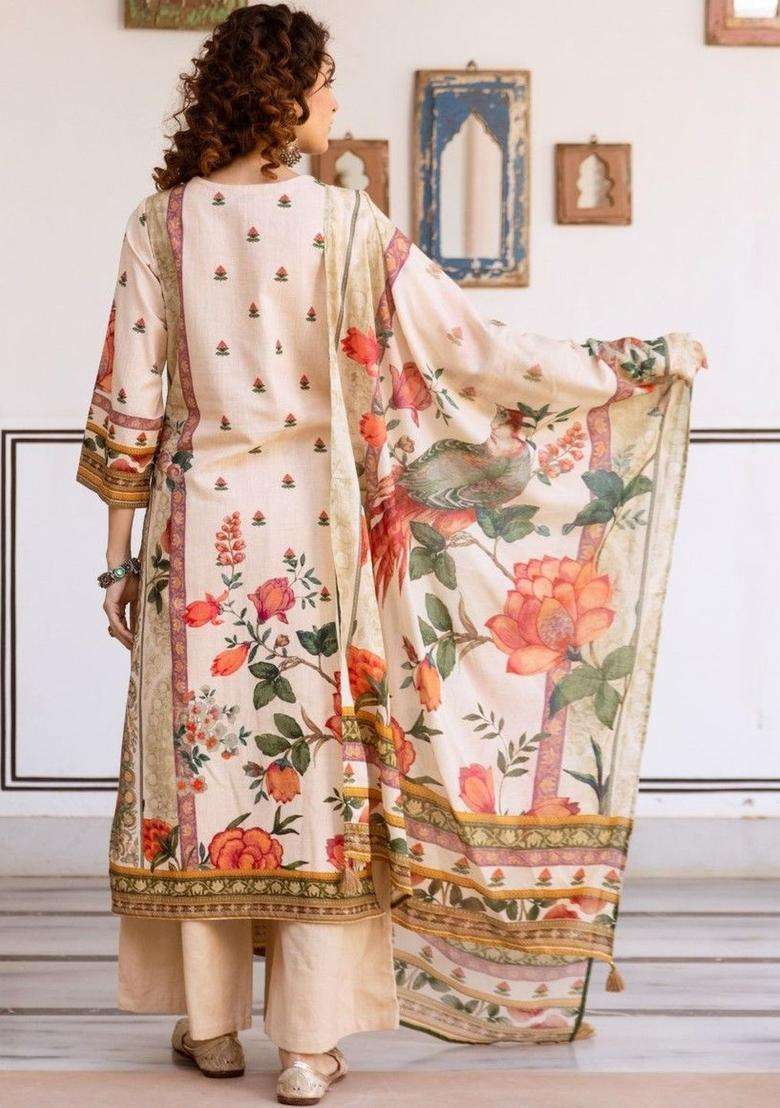 Cream Printed Cotton Kurta Sets - Indya