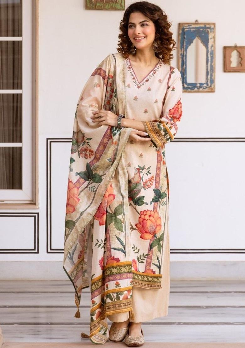 Cream Printed Cotton Kurta Sets - Indya