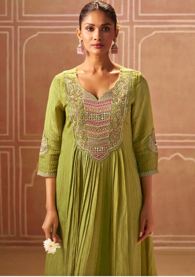 Olive Embroidered Georgette Kurta Sets - Indya
