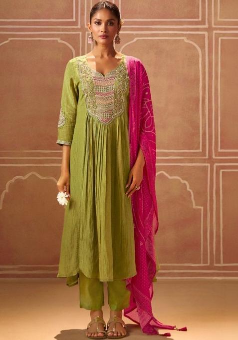 Olive Embroidered Georgette Kurta Sets