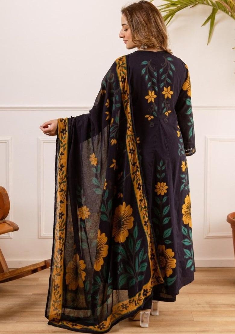 Navy Blue Printed Cotton Kurta Sets - Indya