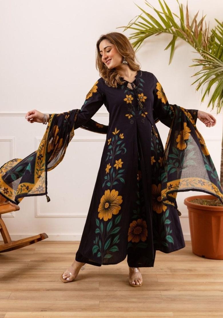 Navy Blue Printed Cotton Kurta Sets - Indya