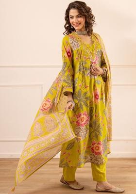 Lime Green Printed Cotton Kurta Sets