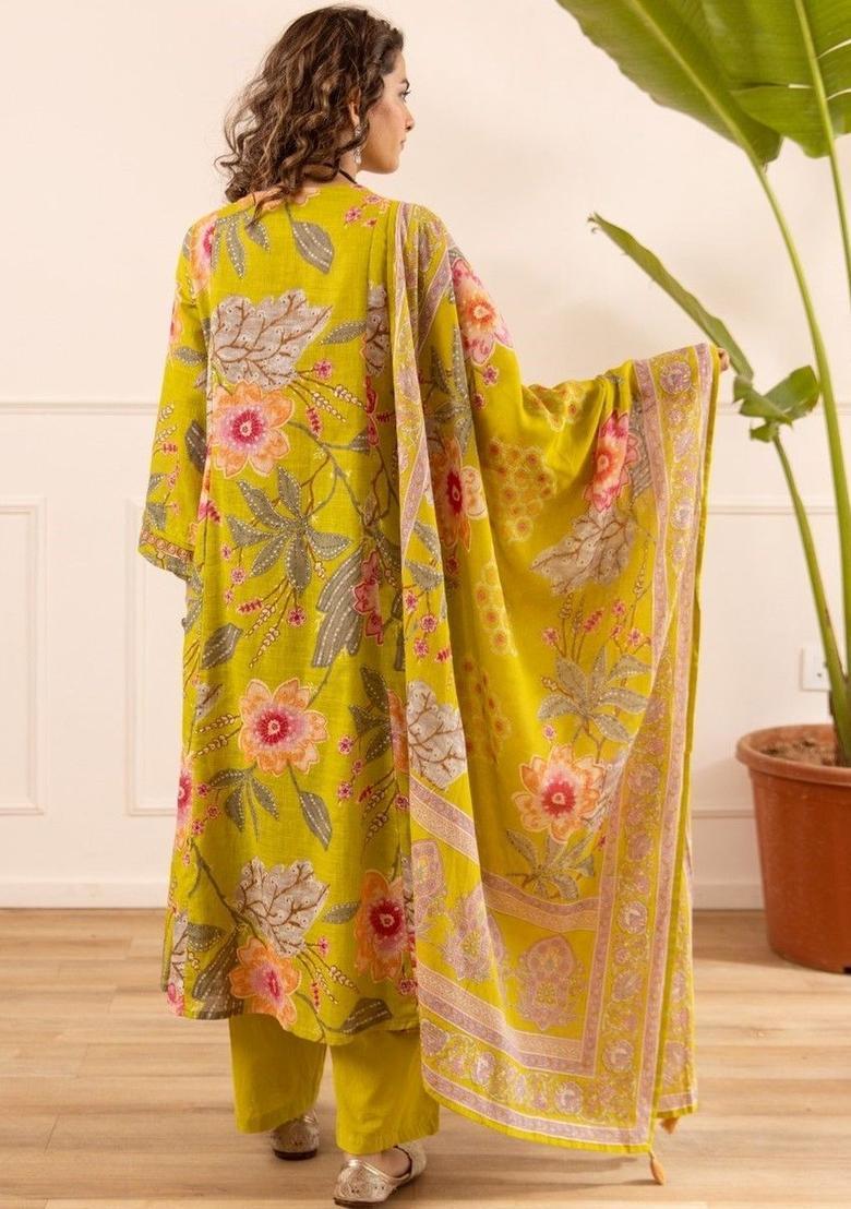 Lime Green Printed Cotton Kurta Sets - Indya