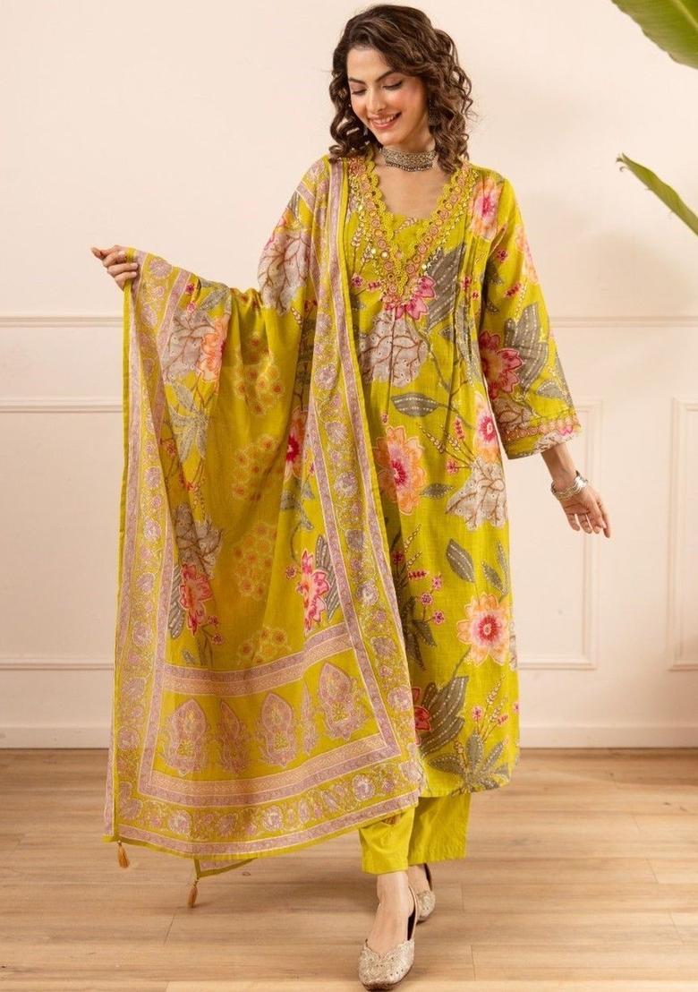 Lime Green Printed Cotton Kurta Sets - Indya