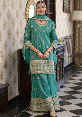 Green Embroidered Tissue Kurta Sets
