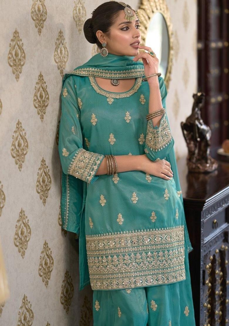 Green Embroidered Tissue Kurta Sets - Indya