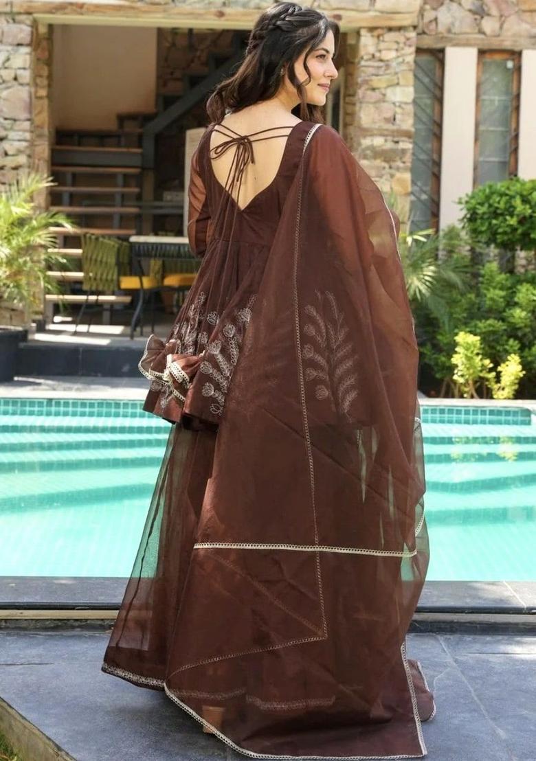 Brown Embroidered Georgette Anarkli Sets - Indya