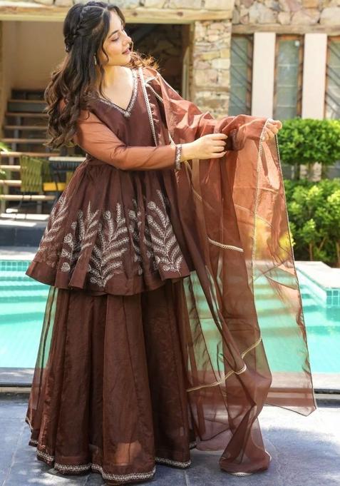 Brown Embroidered Georgette Anarkli Sets