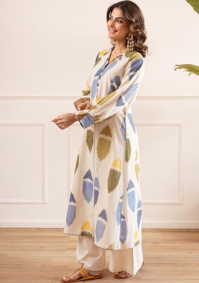 Off White Printed Cotton Kurta Sets - Indya