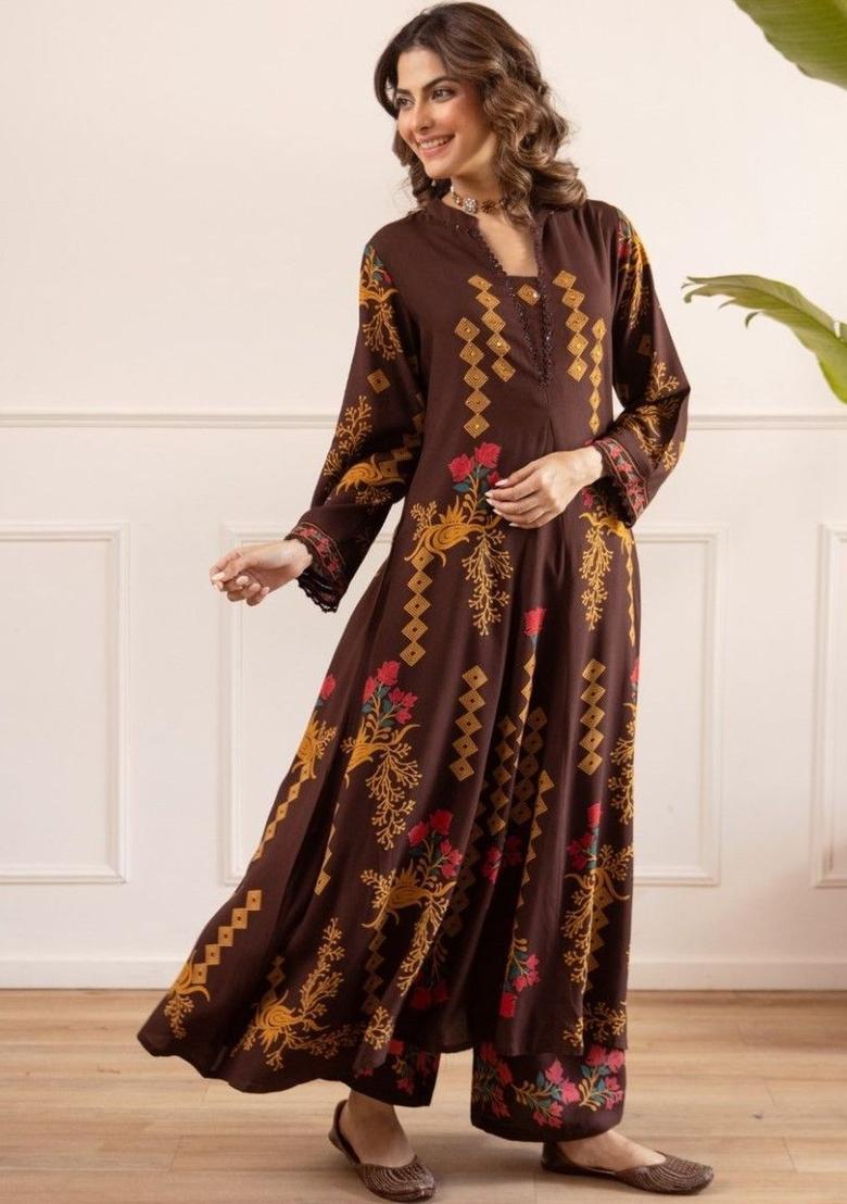 Brown Printed Cotton Kurta Sets - Indya