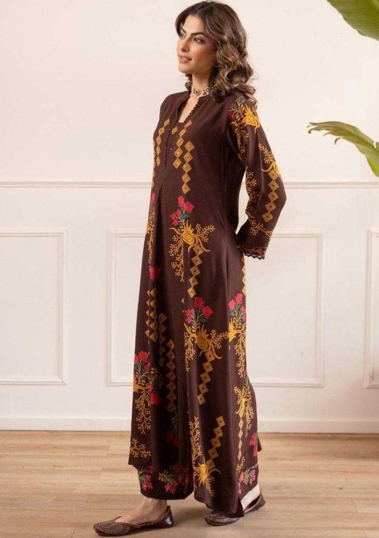 Brown Printed Cotton Kurta Sets - Indya