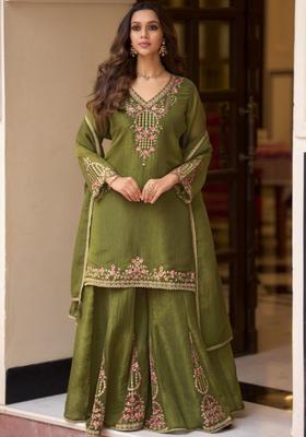 Olive Embroidered Tissue Kurta Sets