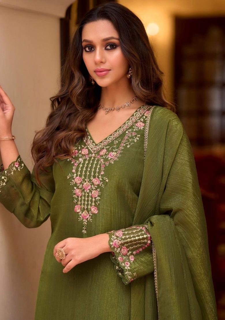 Olive Embroidered Tissue Kurta Sets - Indya