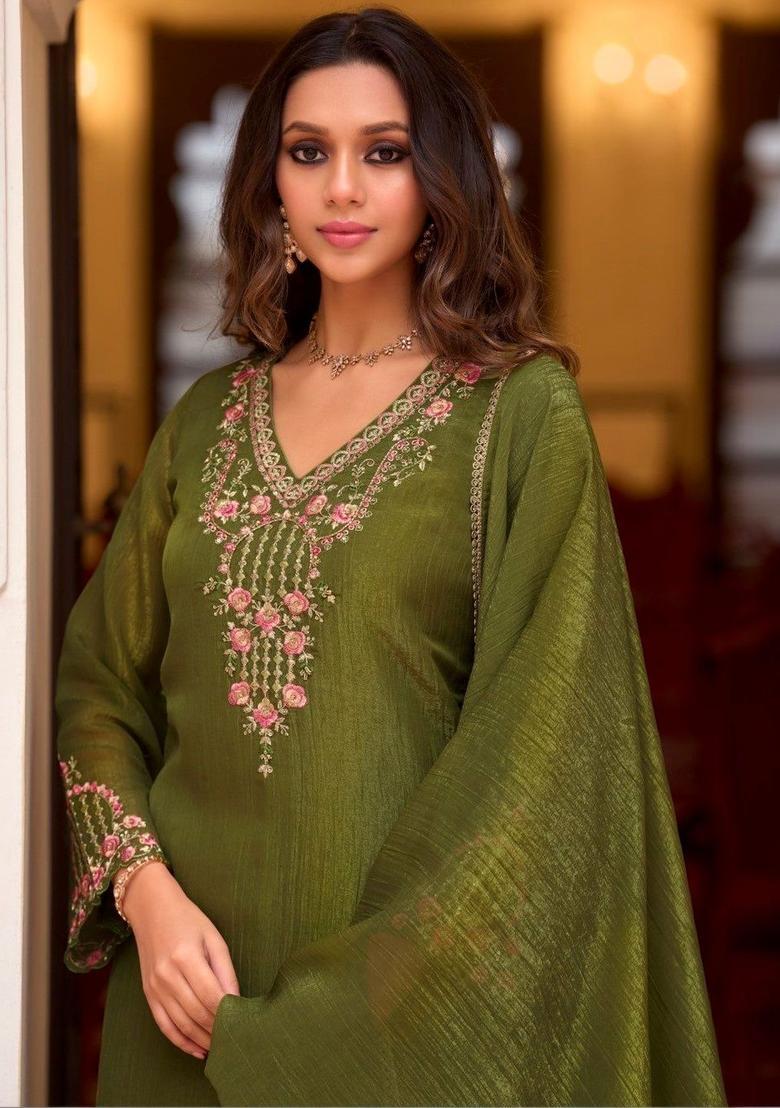 Olive Embroidered Tissue Kurta Sets - Indya