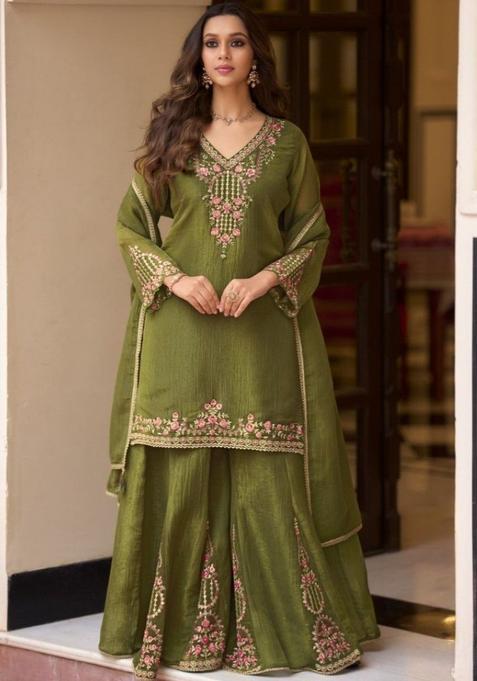 Olive Embroidered Tissue Kurta Sets