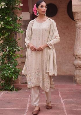 Off White Embroidered Tissue Kurta Sets