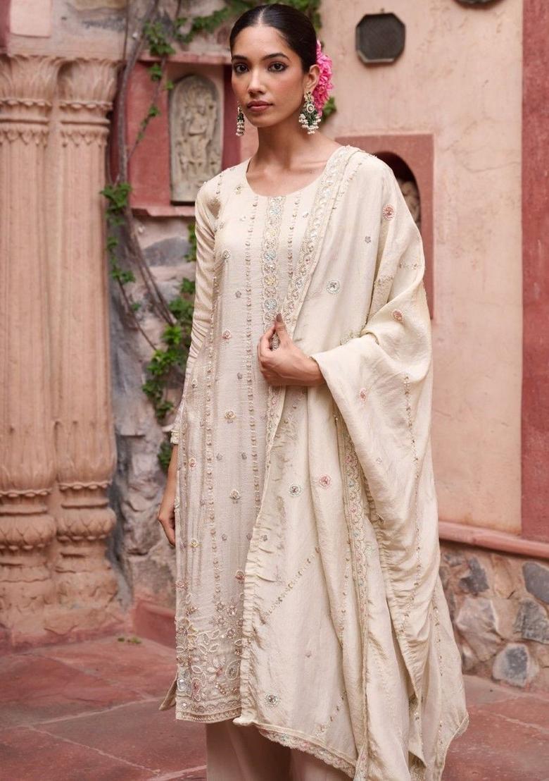 Off White Embroidered Tissue Kurta Sets - Indya