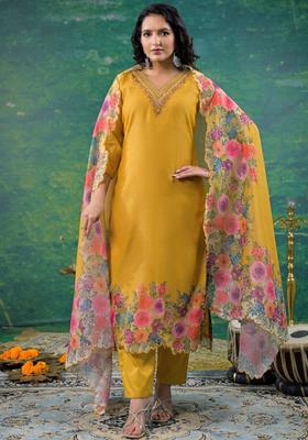 Mustard Solid Silk Blend Kurta Sets