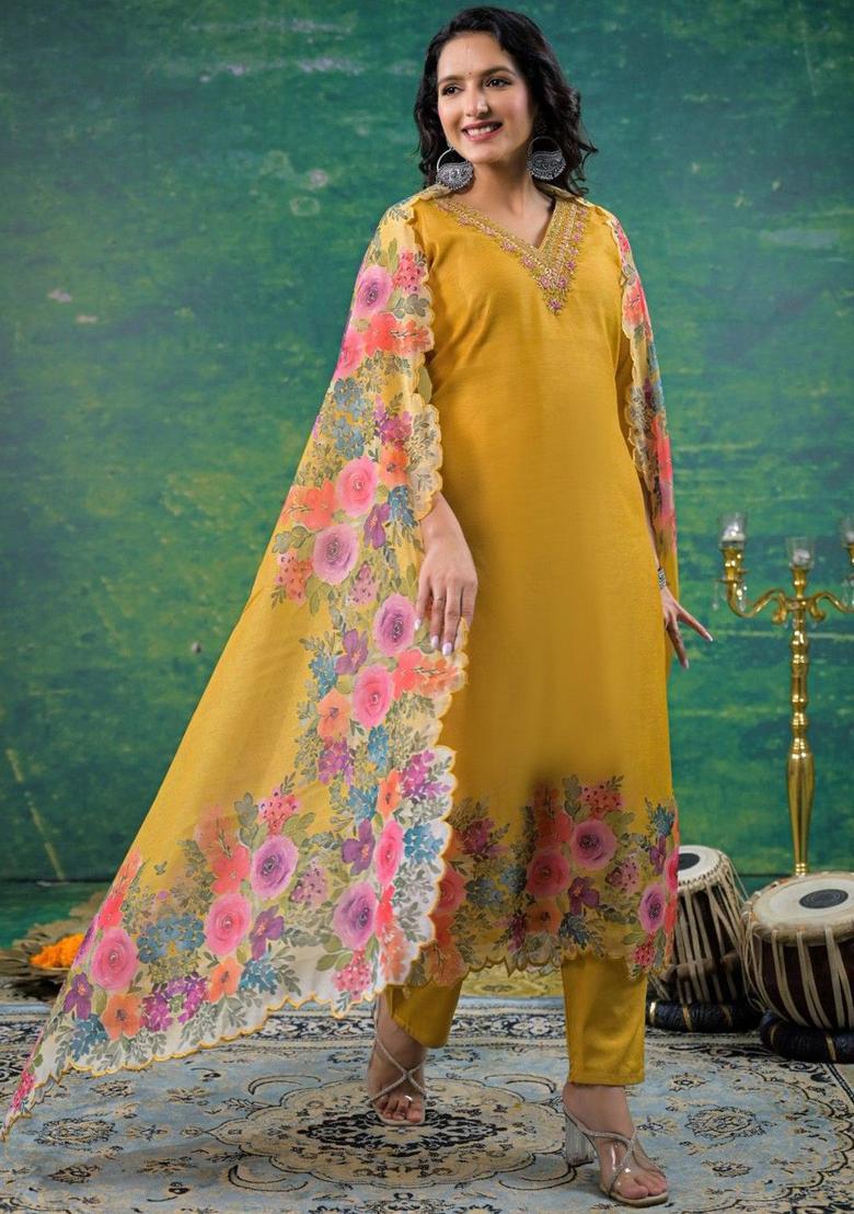 Mustard Solid Silk Blend Kurta Sets - Indya