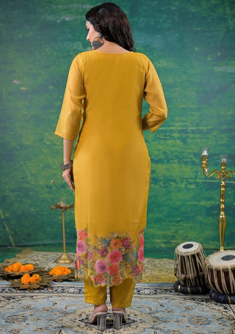 Mustard Solid Silk Blend Kurta Sets - Indya