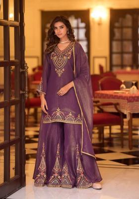 Purple Embroidered Tissue Kurta Sets