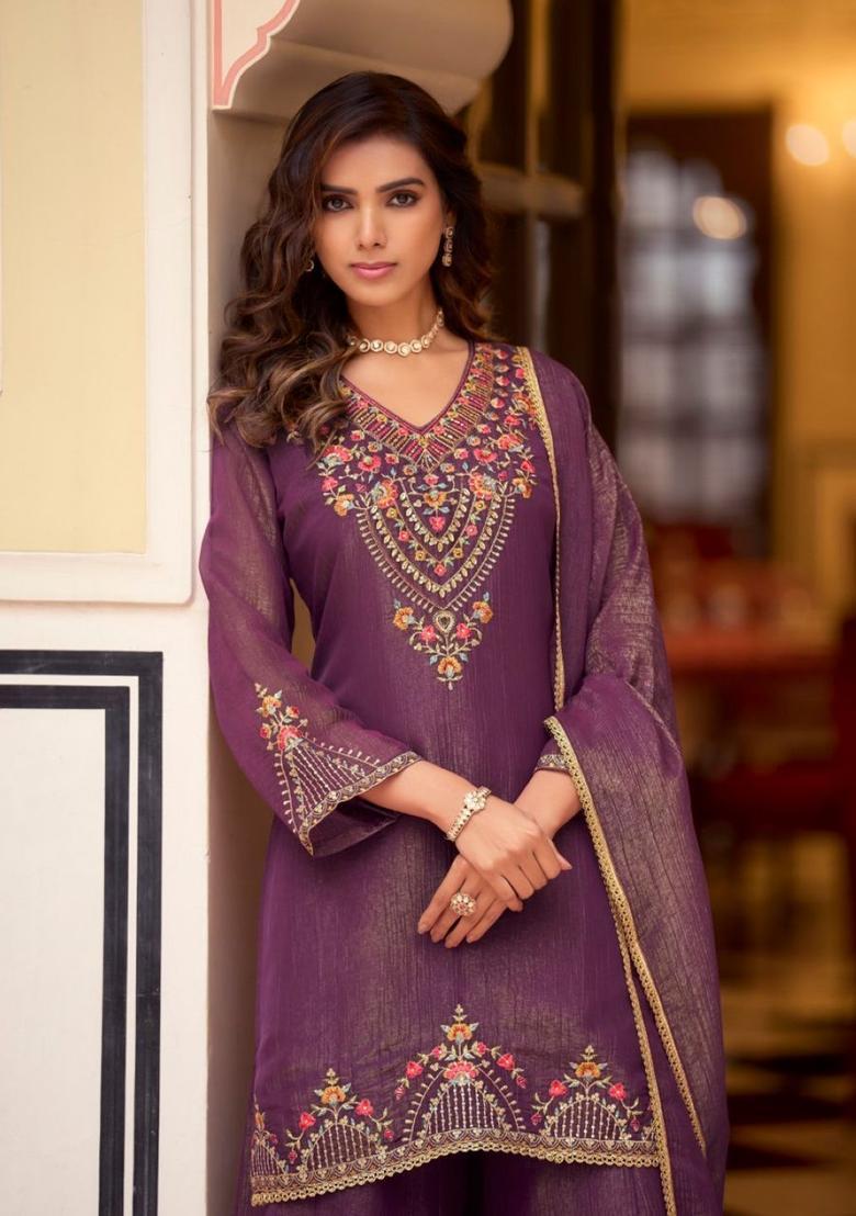 Purple Embroidered Tissue Kurta Sets - Indya