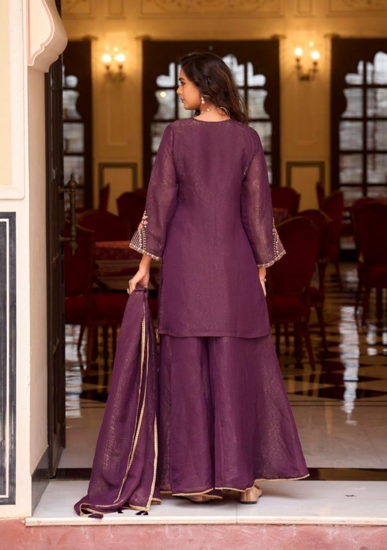 Purple Embroidered Tissue Kurta Sets - Indya