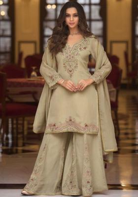 Olive Embroidered Tissue Kurta Sets
