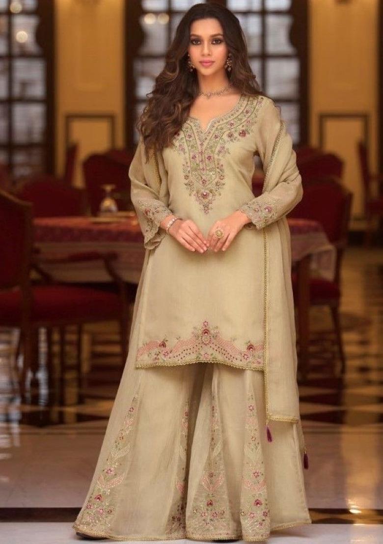 Olive Embroidered Tissue Kurta Sets - Indya