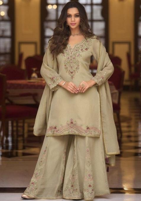 Olive Embroidered Tissue Kurta Sets