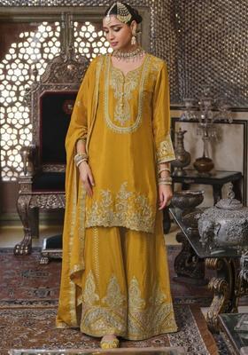 Yellow Embroidered Chinon Kurta Sets