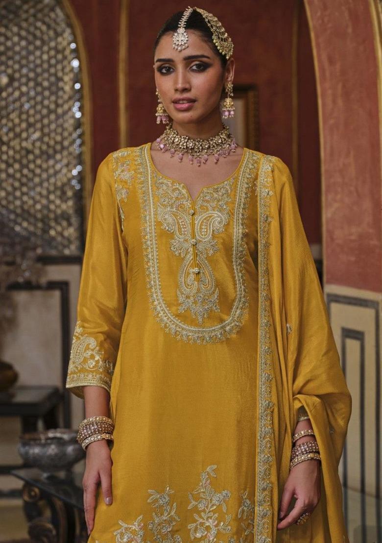 Yellow Embroidered Chinon Kurta Sets - Indya