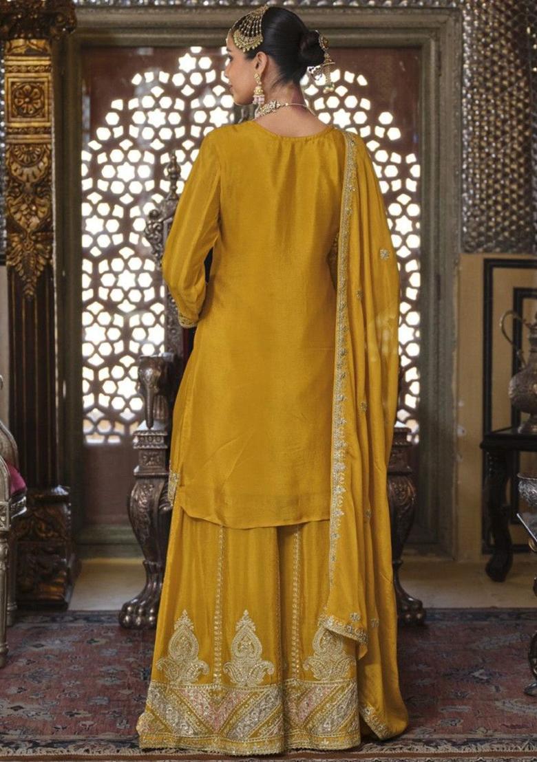 Yellow Embroidered Chinon Kurta Sets - Indya